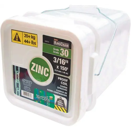 KingChain 3/16 in. x 150 ft. Zinc-Plated Grade 30 (G30) Proof Coil Chain - 800 lbs Safe Work Load - Plastic Bucket Metallic KingChain 3/16 in. x 150 ft. Zinc-Plated Grade 30 (G30) Proof Coil Chain - 800 lbs Safe Work Load - Plastic Bucket Metallic