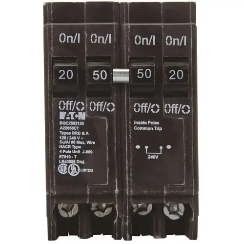 BR 1- 50 Amp 2-Pole and 2-20 Amp 1 Pole BQC (Common Trip) Quad Circuit Breaker Black