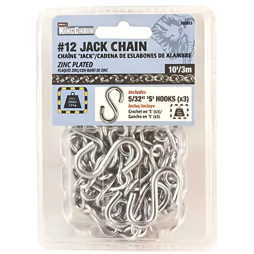 #12 x 10 ft. Zinc-Plated Steel Jack Chain with Three 5/32 in. S-Hooks #12 x 10 ft. Zinc-Plated Steel Jack Chain with Three 5/32 in. S-Hooks