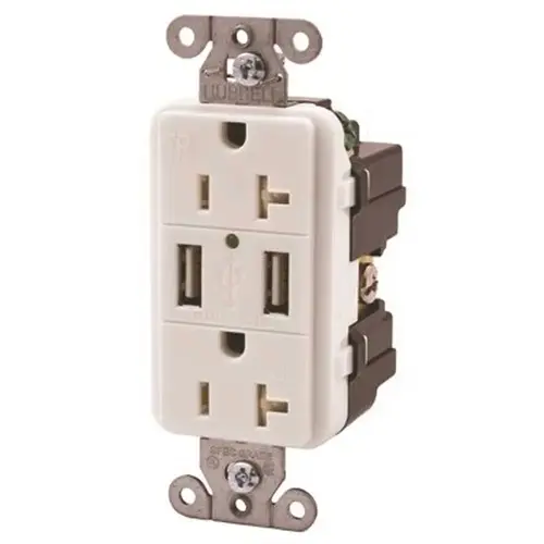 20 Amp Hubbell Tamper Resistant USB Charger Duplex Receptacle, White 20 Amp Hubbell Tamper Resistant USB Charger Duplex Receptacle, White
