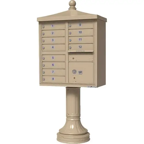 Vital Series 12-Mailboxes 1-Parcel Locker 1-Outgoing Pedestal Mount Cluster Box Unit Sandstone Powder Coat Vital Series 12-Mailboxes 1-Parcel Locker 1-Outgoing Pedestal Mount Cluster Box Unit Sandstone Powder Coat