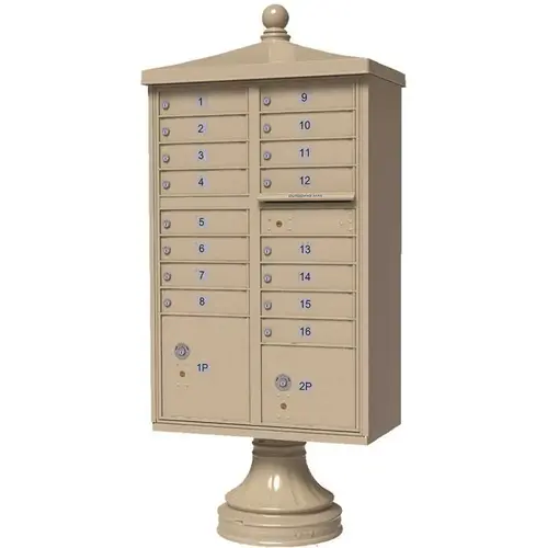 Vital 16-Mailboxes 2-Parcel Lockers 1-Outgoing Pedestal Mount Cluster Box Unit Sandstone Powder Coat