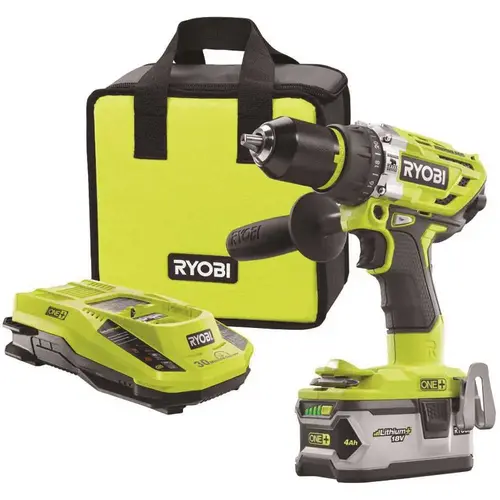 18-Volt ONE+ Lithium-Ion Cordless Brushless 1/2 in. Hammer Drill/Driver Kit with 4.0Ah LITHIUM+ Battery, Charger and Bag Green 18-Volt ONE+ Lithium-Ion Cordless Brushless 1/2 in. Hammer Drill/Driver Kit with 4.0Ah LITHIUM+ Battery, Charger and Bag Green