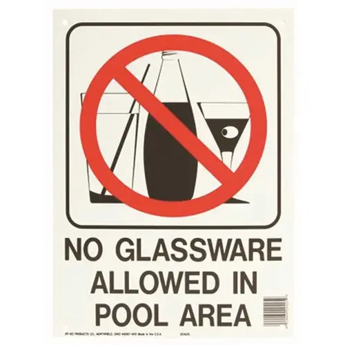 "No Glassware Allowed In Pool Area" Pool Sign, Polyethylene, 10 X 14"