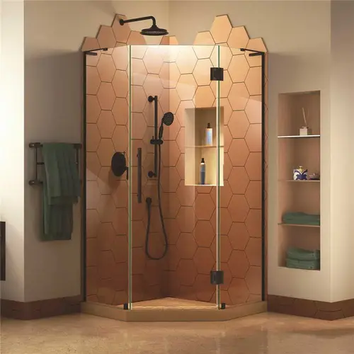 Prism Plus 34 in. W x 34 in. D x 72 in. H Semi-Frameless Neo-Angle Hinged Shower Enclosure in Satin Black Prism Plus 34 in. W x 34 in. D x 72 in. H Semi-Frameless Neo-Angle Hinged Shower Enclosure in Satin Black
