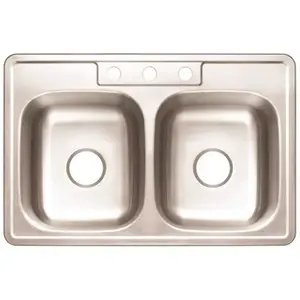 Premier 3562898 Drop-In Stainless Steel Kitchen Sink 33 in. 3-Hole Double Bowl Kitchen Sink with Brush Finish