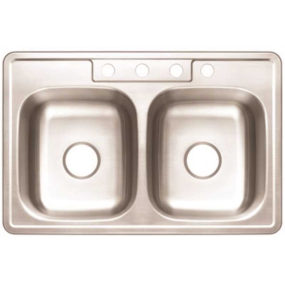 Premier 3562899 Drop-In Stainless Steel Kitchen Sink 33 in. 4-Hole Double Bowl Kitchen Sink with Brush Finish