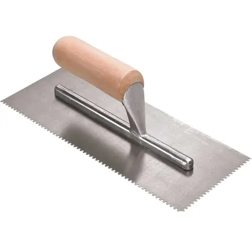 11 in. x 1/8 in. x 1/16 in. Flat Top V-Notch Pro Flooring Trowel with Wood Handle Tan
