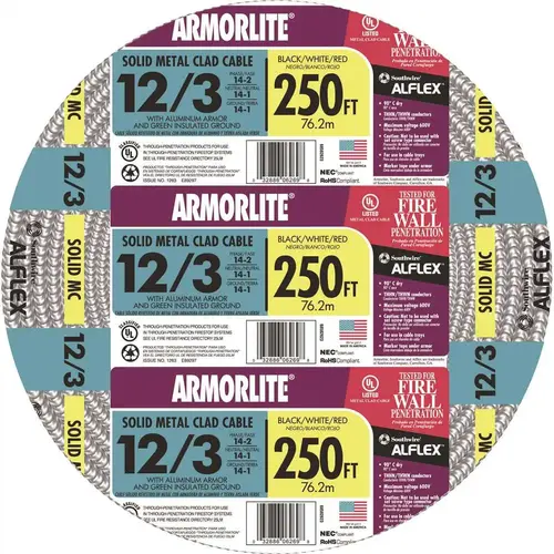 12/3 x 250 ft. Solid CU MC (Metal Clad) Armorlite Cable Silver 12/3 x 250 ft. Solid CU MC (Metal Clad) Armorlite Cable Silver