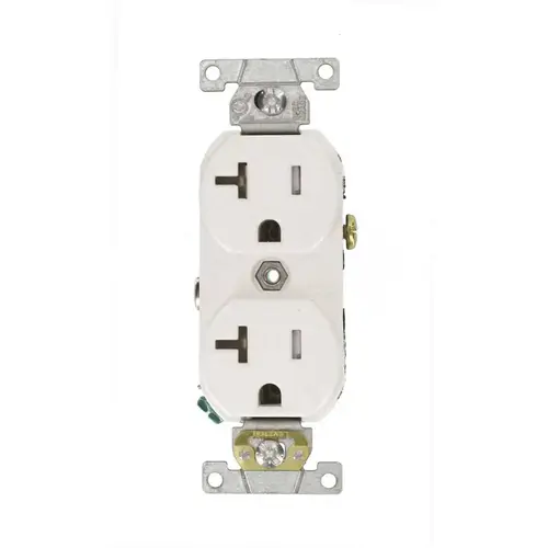 20 Amp Commercial Grade Tamper Resistant Side Wired Self Grounding Duplex Outlet, White 20 Amp Commercial Grade Tamper Resistant Side Wired Self Grounding Duplex Outlet, White