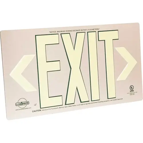 Brushed Metal Aluminum Energy-Free Photoluminescent UL Listed Emergency Exit Sign with LED Lighting Compliant Green
