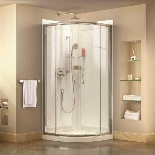 Prime 33 in. x 33 in. x 76.75 in. H Corner Semi-Frameless Sliding Shower Enclosure in Chrome with Base and Back Walls Prime 33 in. x 33 in. x 76.75 in. H Corner Semi-Frameless Sliding Shower Enclosure in Chrome with Base and Back Walls