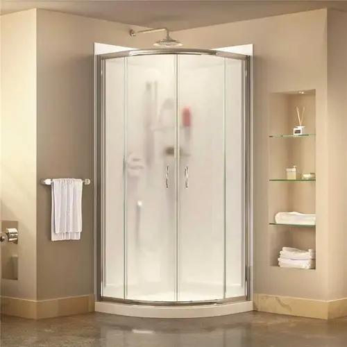 Prime 38 in. x 38 in. x 76.75 in. H Corner Semi-Frameless Sliding Shower Enclosure in Chrome with Base and Back Walls Prime 38 in. x 38 in. x 76.75 in. H Corner Semi-Frameless Sliding Shower Enclosure in Chrome with Base and Back Walls