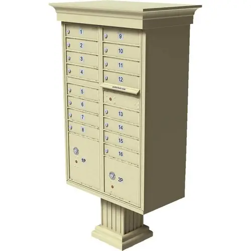 Vital 16-Mailboxes 2-Parcel Lockers 1-Outgoing Pedestal Mount Cluster Box Unit Sandstone Powder Coat Vital 16-Mailboxes 2-Parcel Lockers 1-Outgoing Pedestal Mount Cluster Box Unit Sandstone Powder Coat