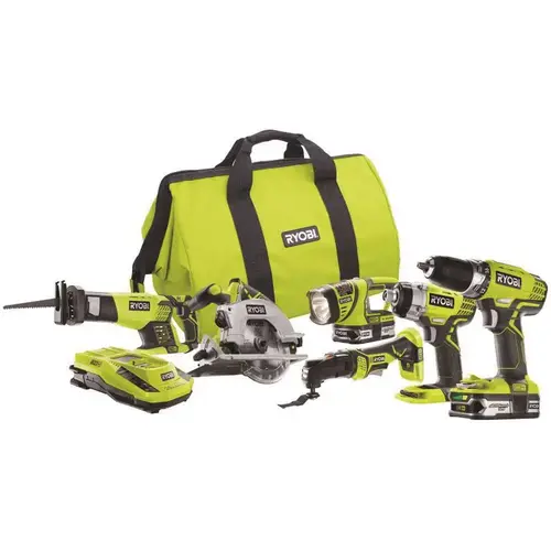 18-Volt ONE+ Lithium-Ion Cordless 6-Tool Combo Kit with (2) 1.5 Ah LITHIUM+ Batteries, Dual Chemistry Charger, and Bag Green 18-Volt ONE+ Lithium-Ion Cordless 6-Tool Combo Kit with (2) 1.5 Ah LITHIUM+ Batteries, Dual Chemistry Charger, and Bag Green