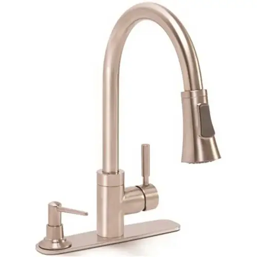 Essen Single-Handle Pull-Down Sprayer Kitchen Faucet with Soap Dispenser in Brushed Nickel Essen Single-Handle Pull-Down Sprayer Kitchen Faucet with Soap Dispenser in Brushed Nickel