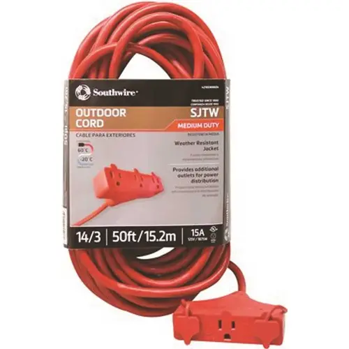 Tri-Source Vinyl Multiple Outlet Cord, 50 ft, 3 Outlets Red Tri-Source Vinyl Multiple Outlet Cord, 50 ft, 3 Outlets Red