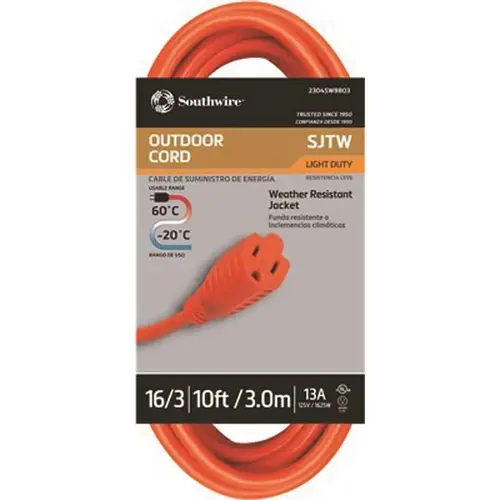 10 ft. 16/3 Vinyl Outdoor SJTW Extension Cord, Orange 10 ft. 16/3 Vinyl Outdoor SJTW Extension Cord, Orange