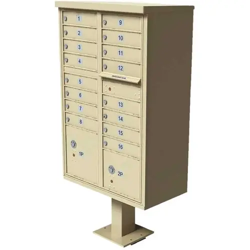 Vital 1570 Series 16 Mailboxes, 1 Outgoing Mail Compartment, 2 Parcel Lockers Pedestal Mount Cluster Box Unit Sandstone