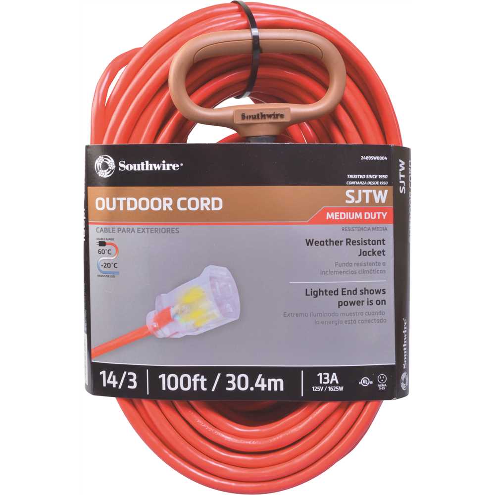 Southwire 2489sw8804 100 ft. 14/3 SJTW Medium-Duty 13-Amp General Purpose Extension Cord with Lighted End Red