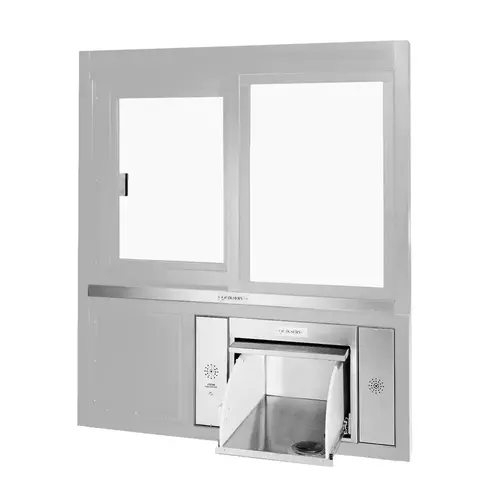 Manual Slider Transaction Window And Drawer 48" W x 55" H Size Left Hand Slide Clear Anodized Finish Manual Slider Transaction Window And Drawer 48" W x 55" H Size Left Hand Slide Clear Anodized Finish
