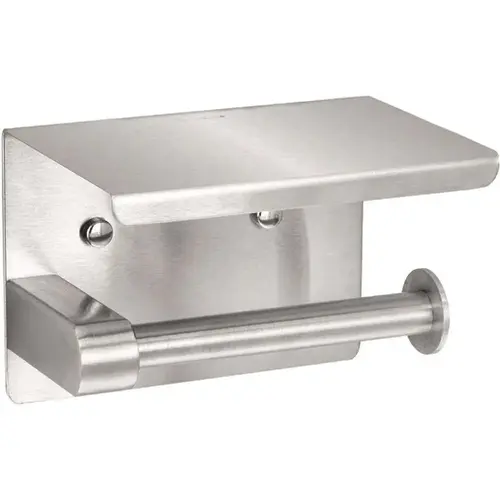 Single Post Toilet Paper Holder with Shelf Storage Rack in Brushed Stainless Steel