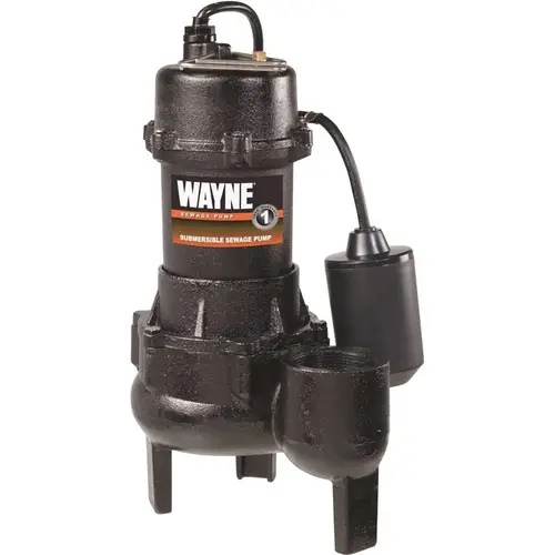 Sewage Pump, 1-Phase, 15 A, 115 V, 0.5 hp, 2 in Outlet, 20 ft Max Head, 10,000 gph, Iron
