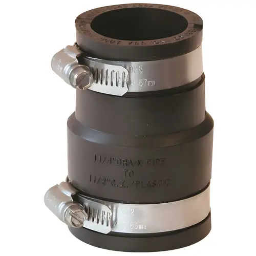 1-1/2 x 1-1/4" PVC Flexible Pipe Coupling with Clamp 1-1/2 x 1-1/4" PVC Flexible Pipe Coupling with Clamp