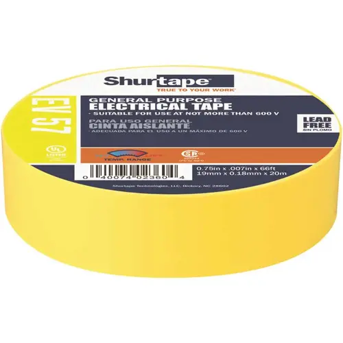 EV 57 General Purpose Electrical Tape, UL Listed, YELLOW, 7 mils, 3/4 in. x 66 ft. []