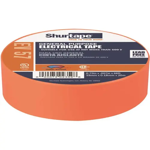 EV 57 General Purpose Electrical Tape, UL Listed, ORANGE, 7 mils, 3/4 in. x 66 ft.