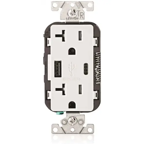 20 Amp Tamper Resistant Duplex Outlet with Type A and Type-C USB Chargers, White 20 Amp Tamper Resistant Duplex Outlet with Type A and Type-C USB Chargers, White