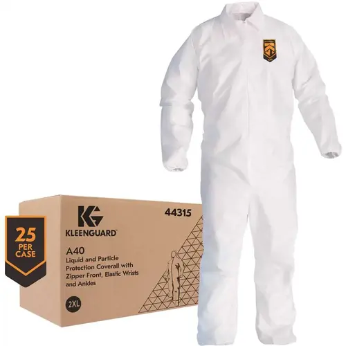 A40 Liquid & Particle Protection Coveralls (), Zip Front, Elastic Wrists & Ankles, White, 2XL A40 Liquid & Particle Protection Coveralls (), Zip Front, Elastic Wrists & Ankles, White, 2XL