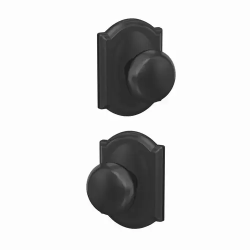 Plymouth Knob with Camelot Rose Passage and Privacy Lock with 16600 Latch and 10027 Strike Matte Black Finish Plymouth Knob with Camelot Rose Passage and Privacy Lock with 16600 Latch and 10027 Strike Matte Black Finish