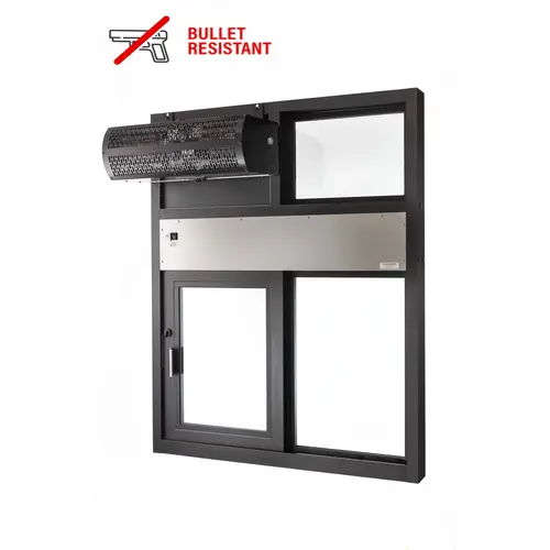 Side Sliding Transaction Window With Optional Air Curtain 47 1/2" W x 59 1/2" H Size Right Hand Slide Dark Bronze Anodized Finish Side Sliding Transaction Window With Optional Air Curtain 47 1/2" W x 59 1/2" H Size Right Hand Slide Dark Bronze Anodized Finish