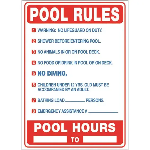 "Pool Rules" Sign, State Of Florida Regulations, Plastic, 20 X 28"