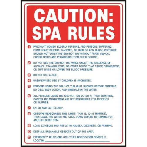 10 in. x 14 in. Caution SPA Rules (General) Pool Sign 10 in. x 14 in. Caution SPA Rules (General) Pool Sign