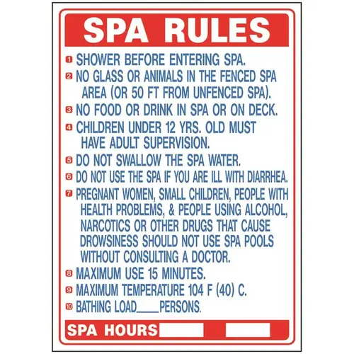 "Spa Rules" - Spa Safety Sign, Florida Regulations, Polyethylene, 20 X 28"