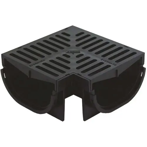 Compact Series 90a degree Corner for 3.2 in. D Trench and Channel Drain Systems w/ Black Grate Compact Series 90a degree Corner for 3.2 in. D Trench and Channel Drain Systems w/ Black Grate