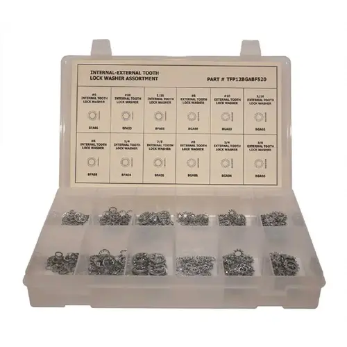 Zinc Plated Internal and Extrenal Tooth Lock Washer Assortment in Plastic Carrying Case - pack of 520 Zinc Plated Internal and Extrenal Tooth Lock Washer Assortment in Plastic Carrying Case - pack of 520