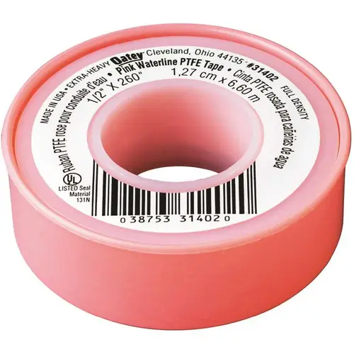 Thread Seal Tape, 260 in L, 1/2 in W, PTFE, Pink