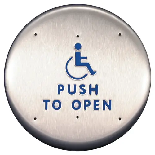 6" Round Handicap Symbol and Push to Open Push Plate Actuator Satin Stainless Steel Finish 6" Round Handicap Symbol and Push to Open Push Plate Actuator Satin Stainless Steel Finish