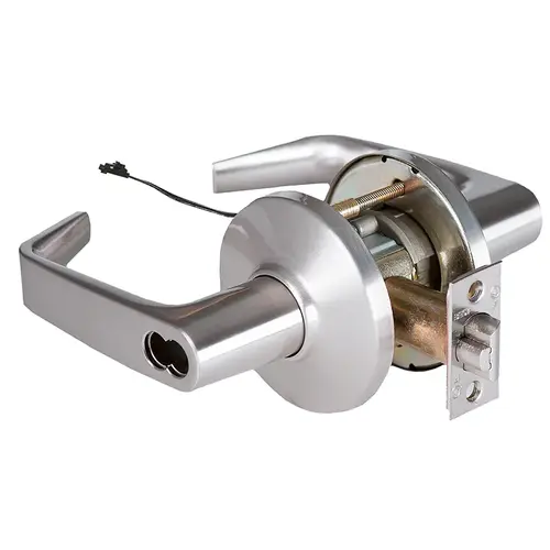 9KW Electromechanical Lock 2-3/4" Backset 7 Pin Storeroom Electrically Unlocked 15 Lever and D Rose with Standard Strike and Request to Exit Satin Chrome Finish