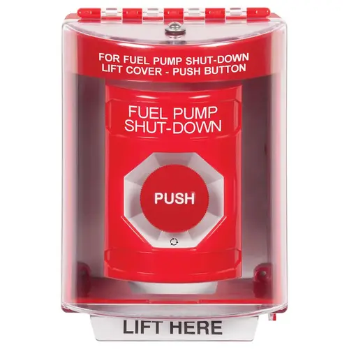 Stopper Station, Red, Surface Cover, Universal Stopper, Label Shell, Turn-to-Reset, "FUEL PUMP SHUT DOWN"English Stopper Station, Red, Surface Cover, Universal Stopper, Label Shell, Turn-to-Reset, "FUEL PUMP SHUT DOWN"English
