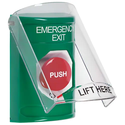 Stopper Station, Green, Flush or Surface, Shield, Turn-to-Reset, "EMERGENCY EXIT"English Stopper Station, Green, Flush or Surface, Shield, Turn-to-Reset, "EMERGENCY EXIT"English