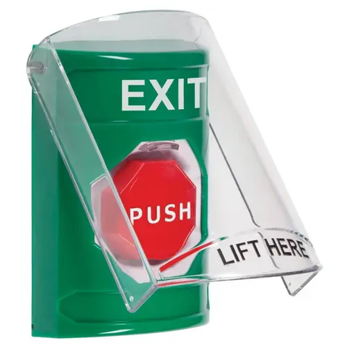 Stopper Station, Green, Flush or Surface, Shield, Momentary, Illuminated, "EXIT"English