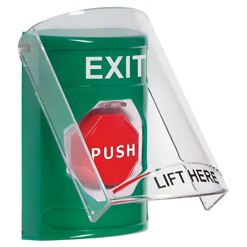 Stopper Station, Green, Flush or Surface, Shield, Momentary, Illuminated, "EXIT"English Stopper Station, Green, Flush or Surface, Shield, Momentary, Illuminated, "EXIT"English