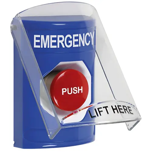 Stopper Station, Blue, Flush or Surface, Shield, Momentary, "EMERGENCY"English Stopper Station, Blue, Flush or Surface, Shield, Momentary, "EMERGENCY"English