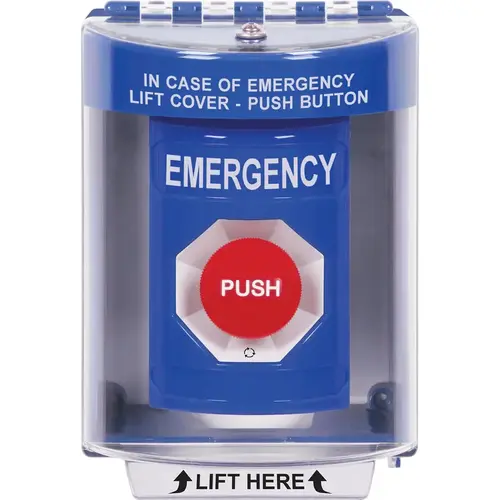 Stopper Station, Blue, Surface Cover, Universal Stopper, Label Shell, Turn-to-Reset, "EMERGENCY"English