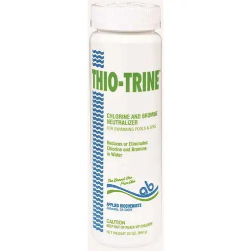 20 oz. Chlorine-Bromine Neutralizer- Sodium Thiosulfate Balancer or (Thio-Trine) Bottle Size Chlorine Stablizer 20 oz. Chlorine-Bromine Neutralizer- Sodium Thiosulfate Balancer or (Thio-Trine) Bottle Size Chlorine Stablizer