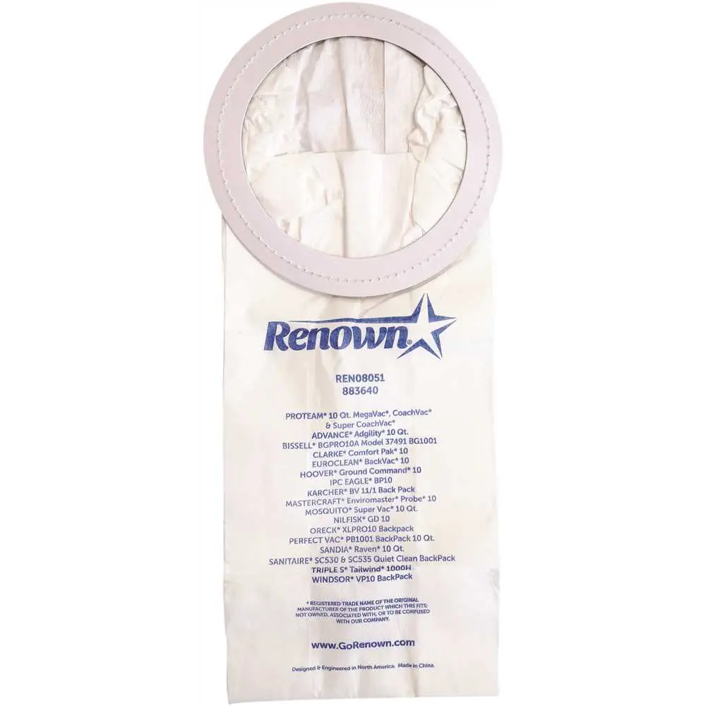 Renown Vacuum Bag for ProTeam Mega Vac Equivalent to OEM# 100331 White - pack of 10 REN08051